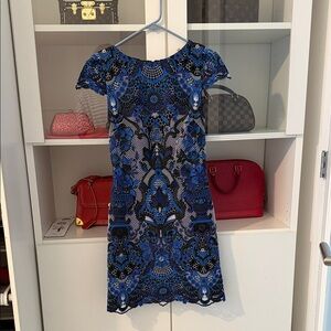 Alice + Olivia Blue and Black Lace Mini Dress